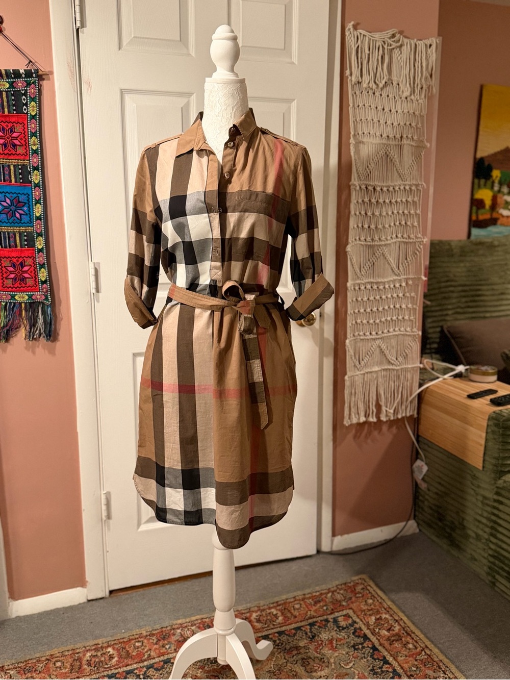 Burberry Camel Plaid Belted Shirt Dress